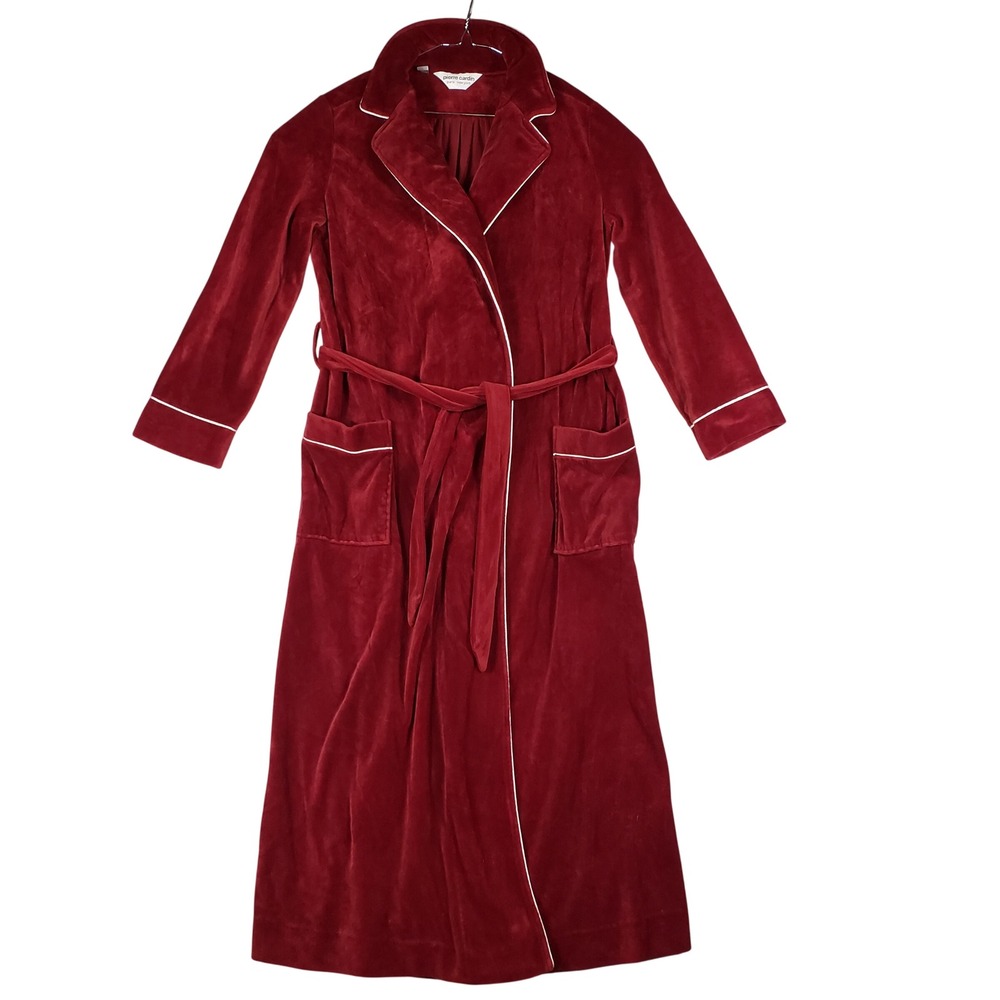 Vintage Pierre Cardin Red Velour Robe M Belted White Piping Long Lounge USA